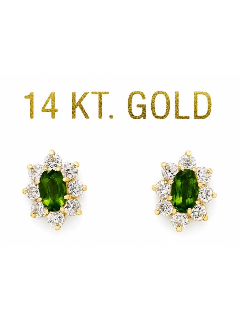 Genuine Peridot & White Sapphire Stud Flower Earrings 14k Gold